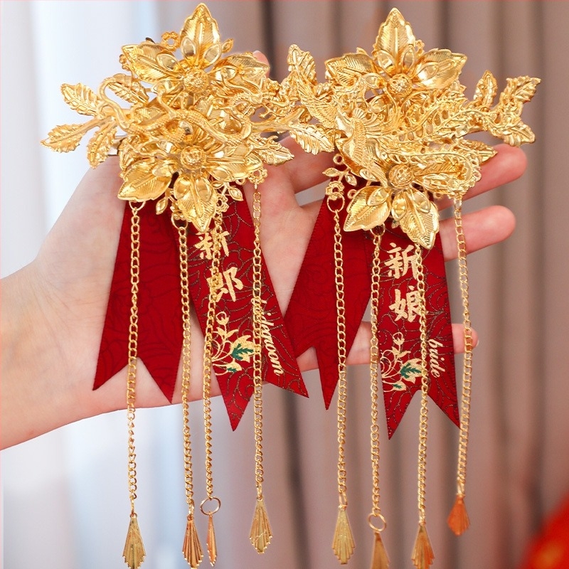 Esküvői corsage pár sárkány és főnix motívummal, vőlegény és menyasszony számára, kínai stílusú teljes készlet