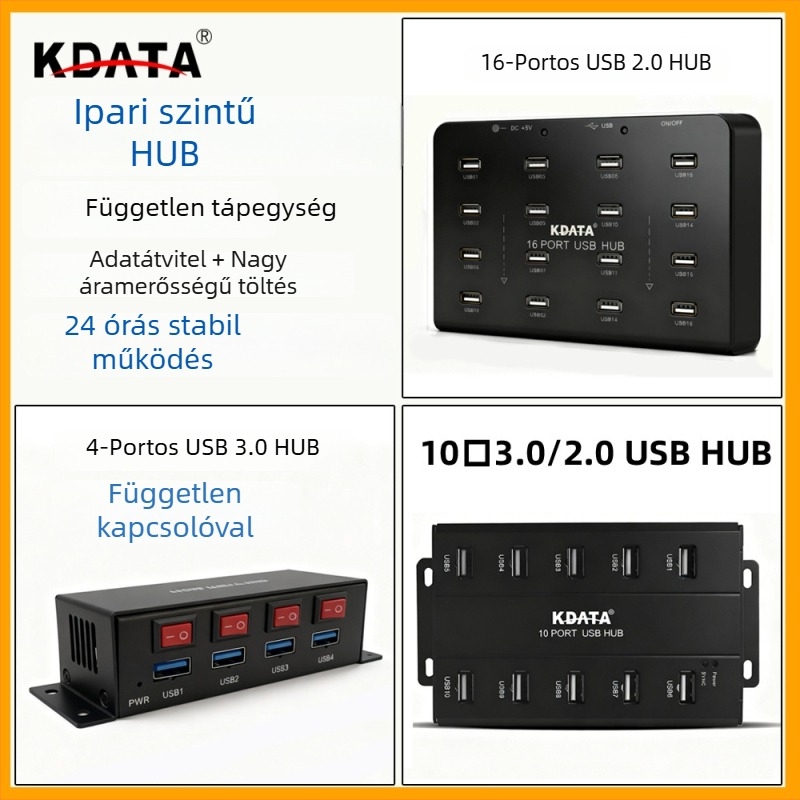 Kdata GH USB 2.0 hub külső tápellátással, 1,8 m kábel, átviteli sebesség 1000 MB/s