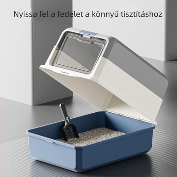 Nagy kapacitású hordozható macskaalmotálca félzárt kialakítással, nyitott kerítéssel a szagok kontrolljáért