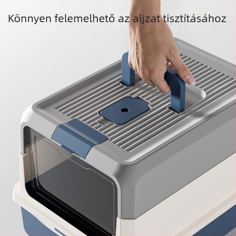Nagy kapacitású hordozható macskaalmotálca félzárt kialakítással, nyitott kerítéssel a szagok kontrolljáért