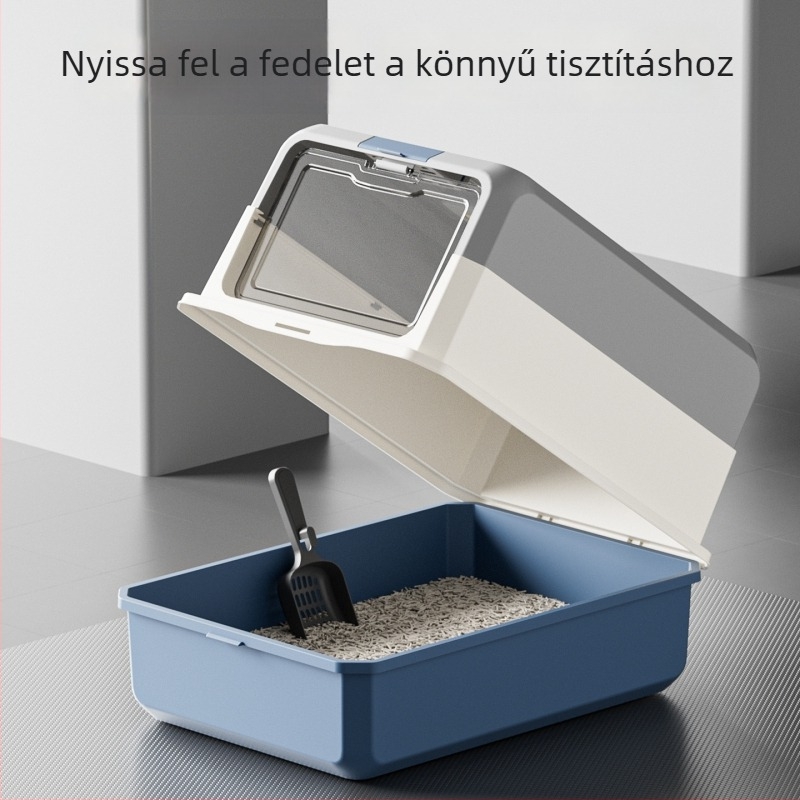 Nagy kapacitású hordozható macskaalmotálca félzárt kialakítással, nyitott kerítéssel a szagok kontrolljáért
