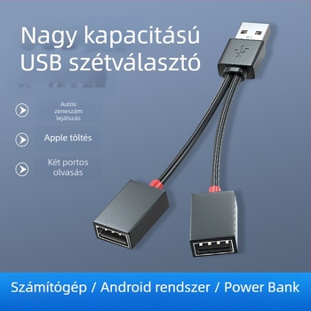 Autós USB 2-portos osztó hub, USB 2.0, kábel 10–12 cm, tápellátás nélkül