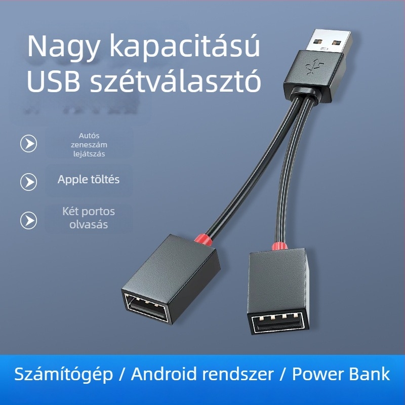 Autós USB 2-portos osztó hub, USB 2.0, kábel 10–12 cm, tápellátás nélkül