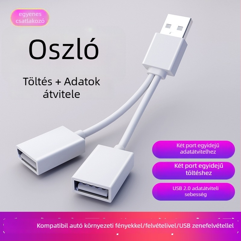 Autós USB 2-portos osztó hub, USB 2.0, kábel 10–12 cm, tápellátás nélkül