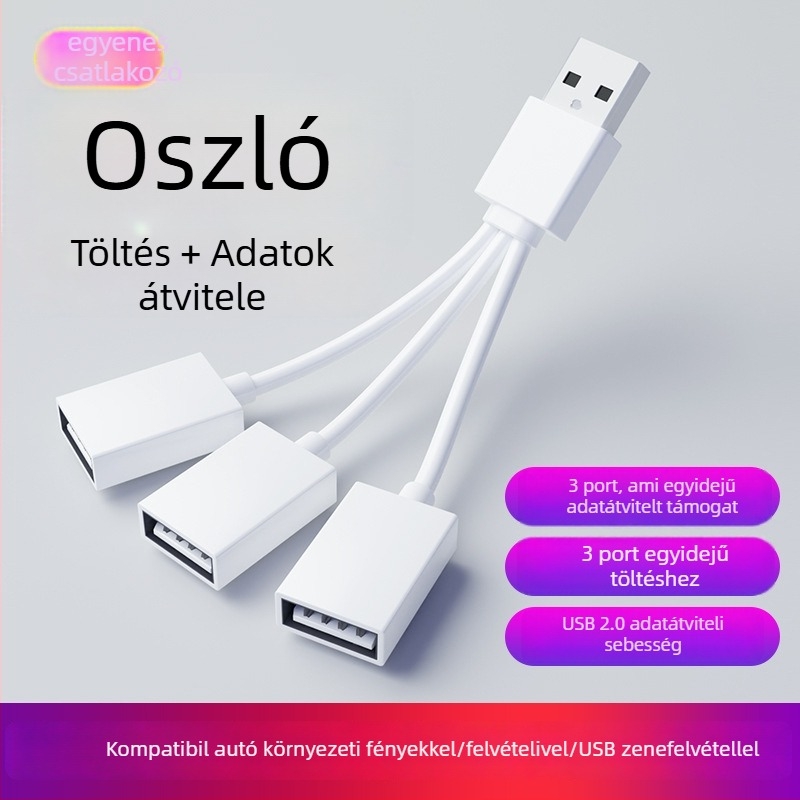 Autós USB 2-portos osztó hub, USB 2.0, kábel 10–12 cm, tápellátás nélkül