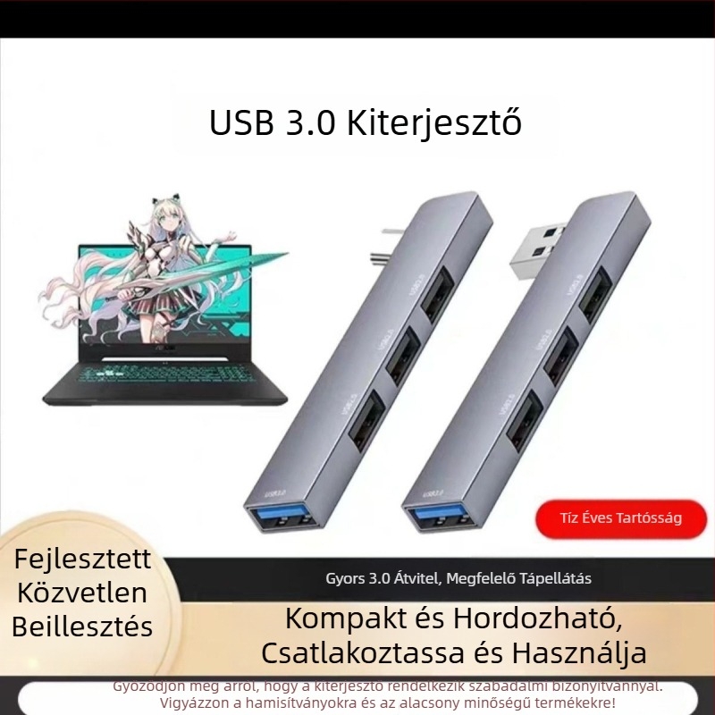 USB 3.0 többportos bővítő laptophoz Type-C bővítő dokkal, 2-portos osztó, külső tápegység nélkül