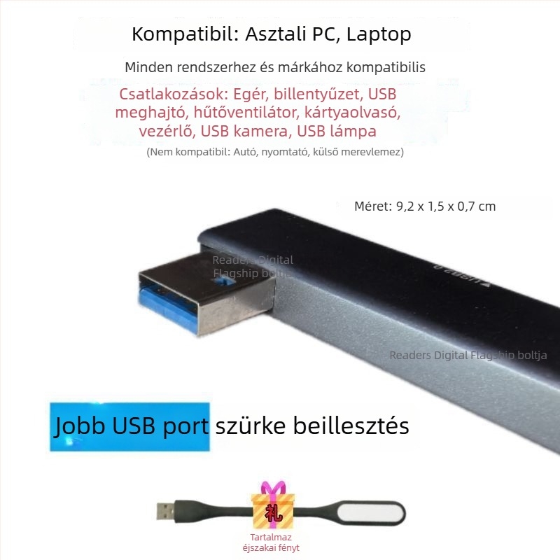 USB 3.0 többportos bővítő laptophoz Type-C bővítő dokkal, 2-portos osztó, külső tápegység nélkül