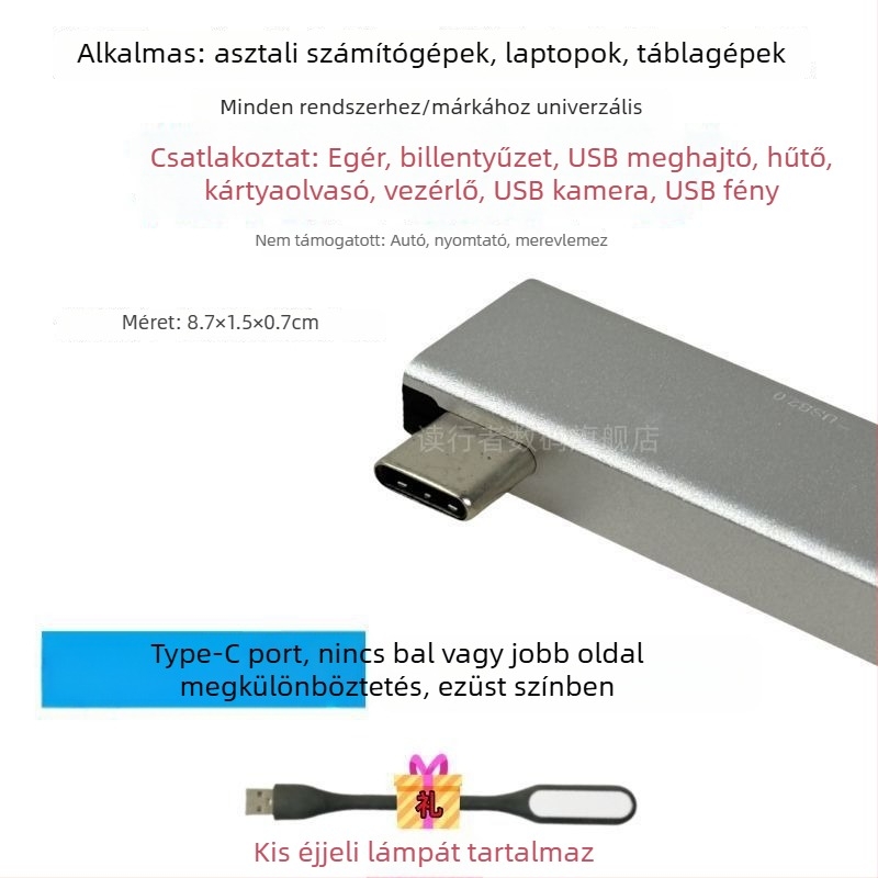 USB 3.0 többportos bővítő laptophoz Type-C bővítő dokkal, 2-portos osztó, külső tápegység nélkül