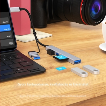 Alumínium ötvözetű öt‑in‑egy USB-C dokkoló olvasóval, DP-36-3, USB 2.0×2 / USB 3.0×1