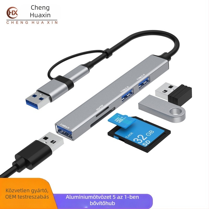 Alumínium ötvözetű öt‑in‑egy USB-C dokkoló olvasóval, DP-36-3, USB 2.0×2 / USB 3.0×1