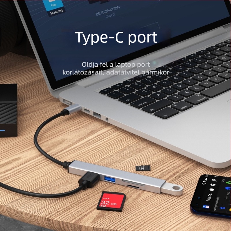 Alumínium ötvözetű öt‑in‑egy USB-C dokkoló olvasóval, DP-36-3, USB 2.0×2 / USB 3.0×1
