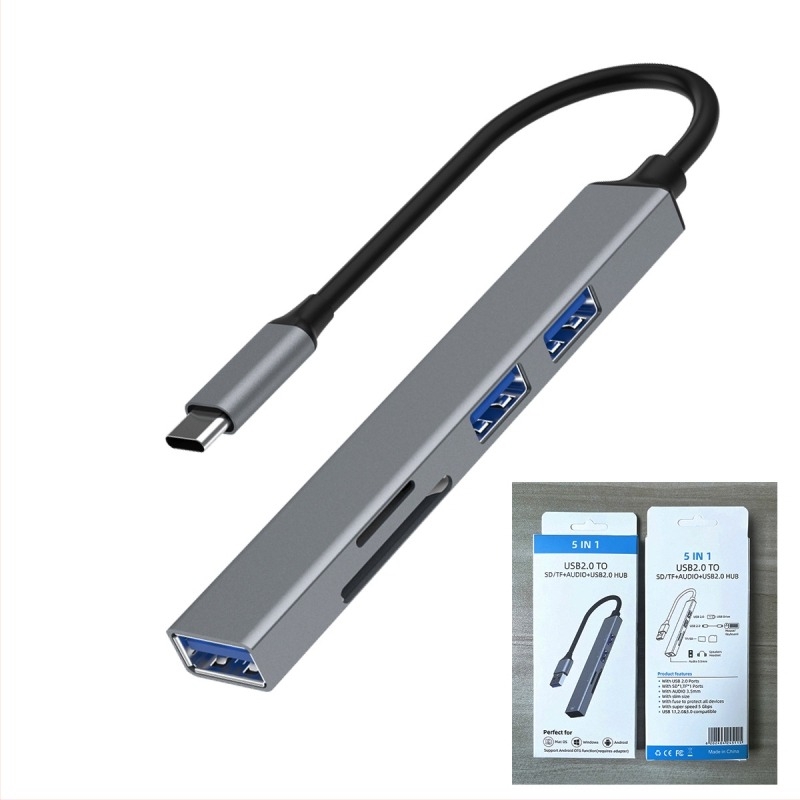 Alumínium ötvözetű öt‑in‑egy USB-C dokkoló olvasóval, DP-36-3, USB 2.0×2 / USB 3.0×1