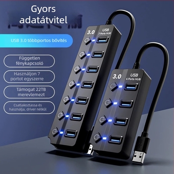 USB 3.0 hub JR07, 7-portos, 30 cm kábel, külső tápegység nélkül, 5GB átviteli sebesség