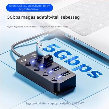 USB 3.0 hub JR07, 7-portos, 30 cm kábel, külső tápegység nélkül, 5GB átviteli sebesség