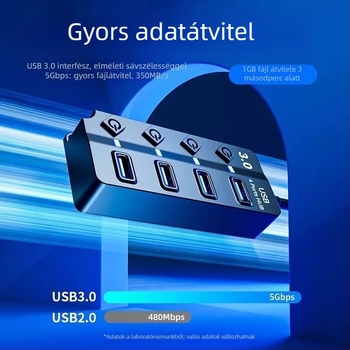 USB 3.0 hub JR07, 7-portos, 30 cm kábel, külső tápegység nélkül, 5GB átviteli sebesség
