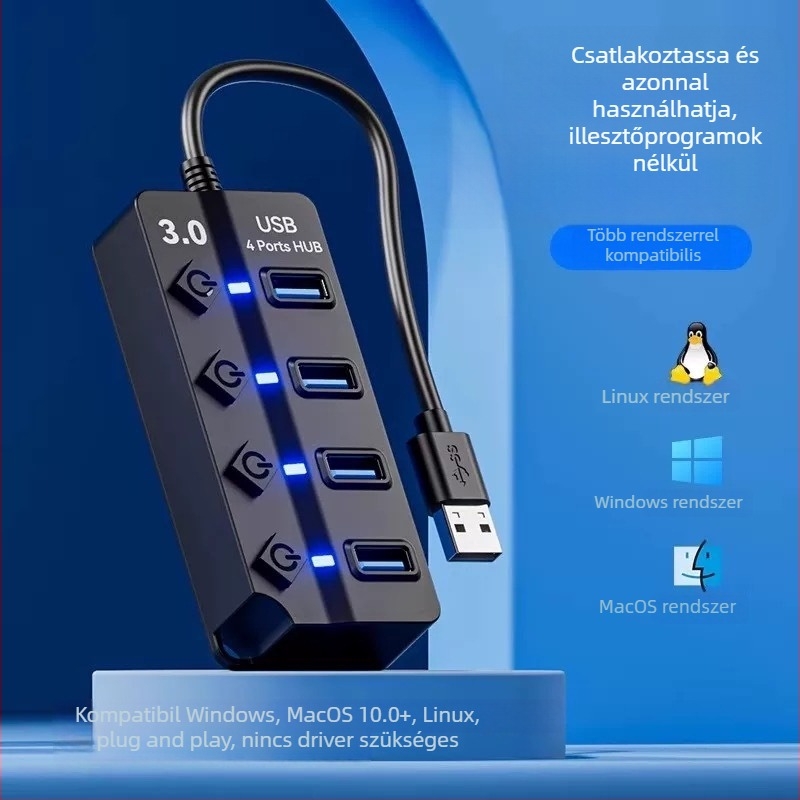 USB 3.0 hub JR07, 7-portos, 30 cm kábel, külső tápegység nélkül, 5GB átviteli sebesség