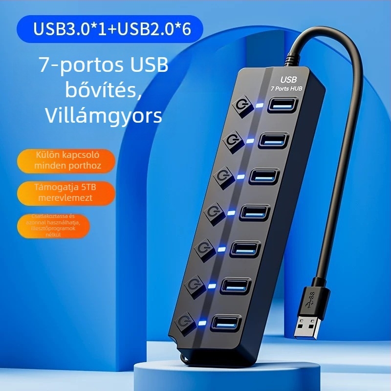 USB 3.0 hub JR07, 7-portos, 30 cm kábel, külső tápegység nélkül, 5GB átviteli sebesség