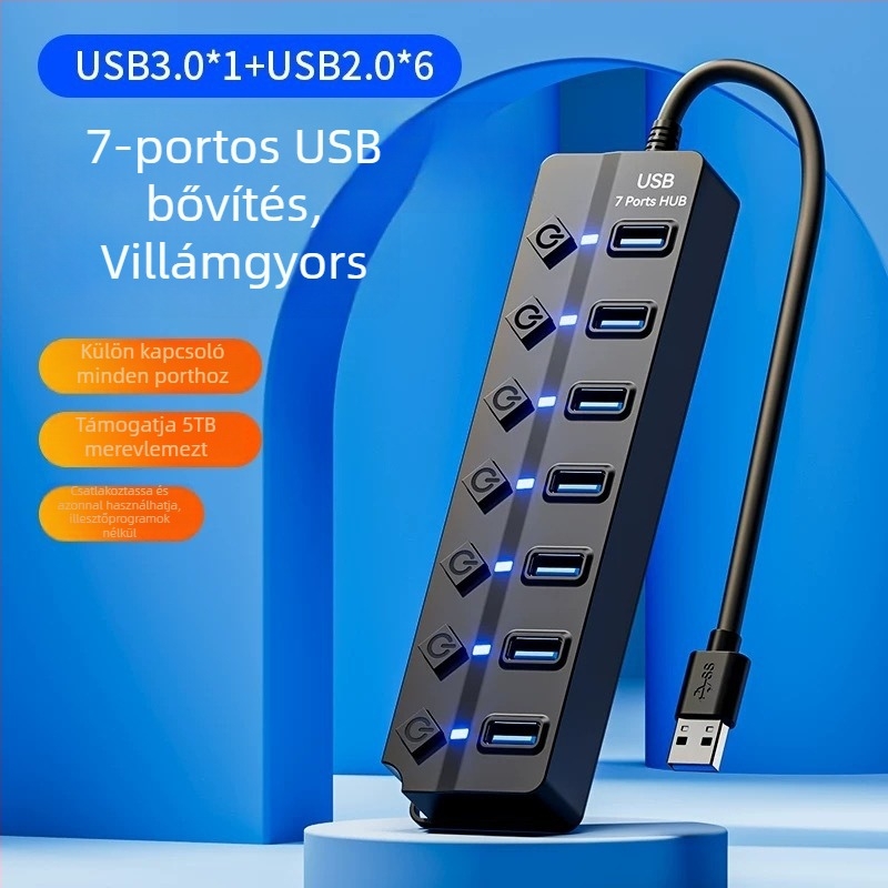 USB 3.0 hub JR07, 7-portos, 30 cm kábel, külső tápegység nélkül, 5GB átviteli sebesség