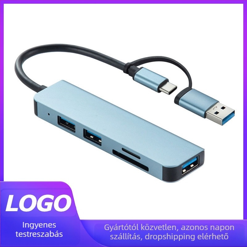 Type-C bővítő dokk 1–5 hubbal és kártyaolvasóval, USB-C interfész, 5GB átviteli sebesség