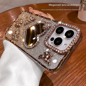 Elektróplatinált szív alakú tükrös védőtok iPhone 11/12/13/14/15 Pro Max rhinestones díszítéssel