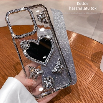 Elektróplatinált szív alakú tükrös védőtok iPhone 11/12/13/14/15 Pro Max rhinestones díszítéssel