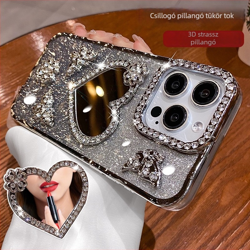 Elektróplatinált szív alakú tükrös védőtok iPhone 11/12/13/14/15 Pro Max rhinestones díszítéssel