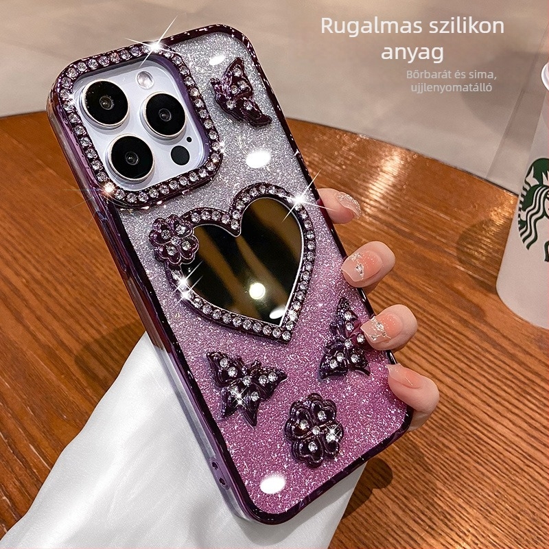 Elektróplatinált szív alakú tükrös védőtok iPhone 11/12/13/14/15 Pro Max rhinestones díszítéssel