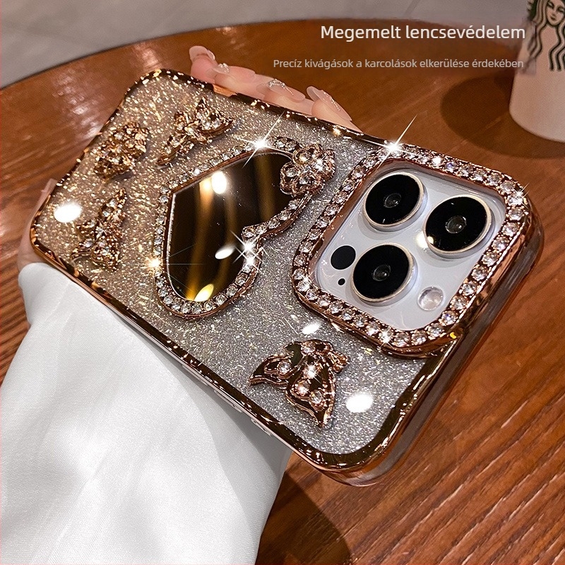 Elektróplatinált szív alakú tükrös védőtok iPhone 11/12/13/14/15 Pro Max rhinestones díszítéssel