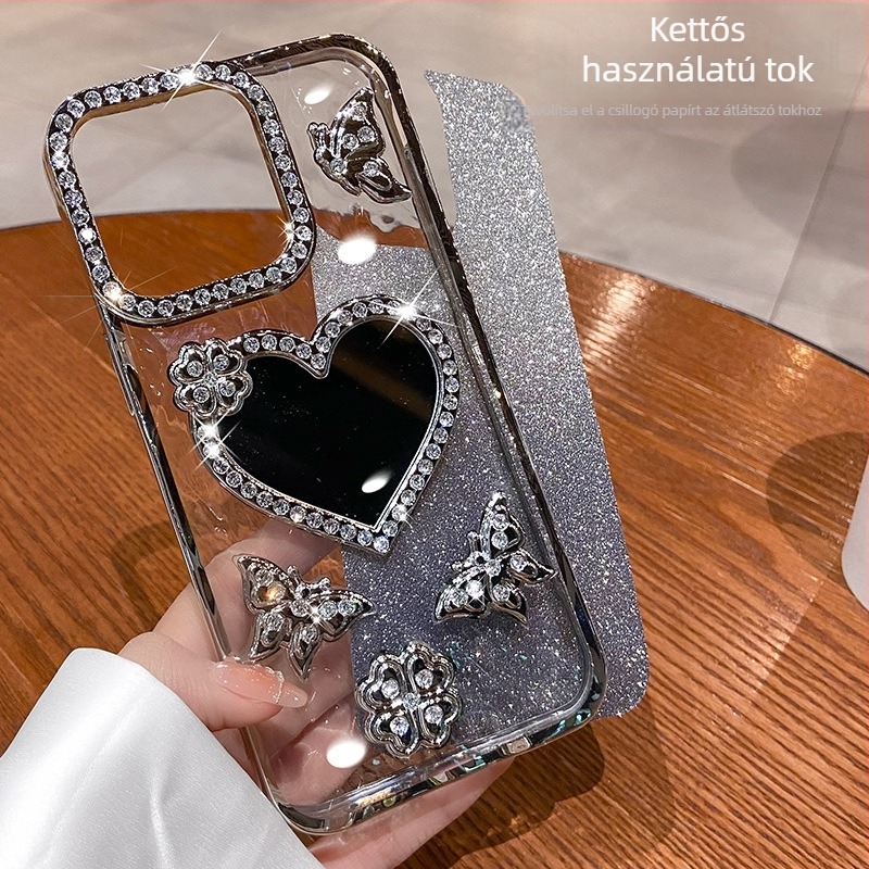 Elektróplatinált szív alakú tükrös védőtok iPhone 11/12/13/14/15 Pro Max rhinestones díszítéssel