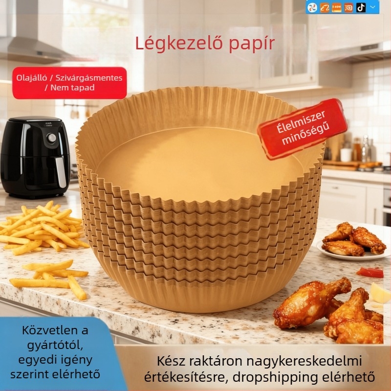 Sütőpapír air fryerhez – márka: Binyi; anyaga: nyersfa cellulóz; bevonat: szilikon; 36 g/m²; kategória: sütőpapír