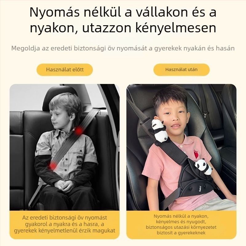 Gyerekeknek készült autózási biztonsági öv védő, háromszög alakú állító rögzítővel, panda dizájn, poliészter, kb. 90 g
