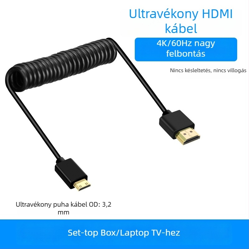 HDMI spirálkábel vékony, 2.0, mikro/mini tükör nélküli kamerákhoz, monitorokhoz, számítógépekhez, televíziókhoz és projektorokhoz, 4K60