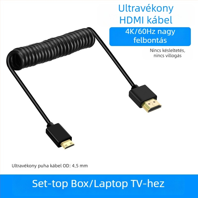 HDMI spirálkábel vékony, 2.0, mikro/mini tükör nélküli kamerákhoz, monitorokhoz, számítógépekhez, televíziókhoz és projektorokhoz, 4K60