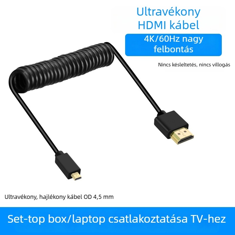 HDMI spirálkábel vékony, 2.0, mikro/mini tükör nélküli kamerákhoz, monitorokhoz, számítógépekhez, televíziókhoz és projektorokhoz, 4K60