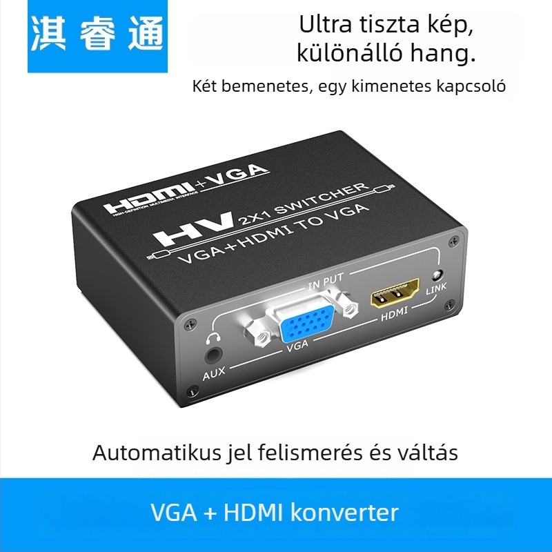 HDMI-VGA hibrid kapcsoló audióval számítógép-monitorok, TV-k és projektorok számára; VGA 25 m-ig, HDMI 15 m-ig