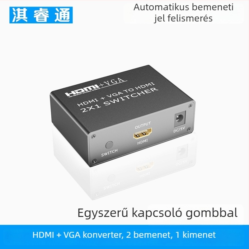 HDMI-VGA hibrid kapcsoló audióval számítógép-monitorok, TV-k és projektorok számára; VGA 25 m-ig, HDMI 15 m-ig