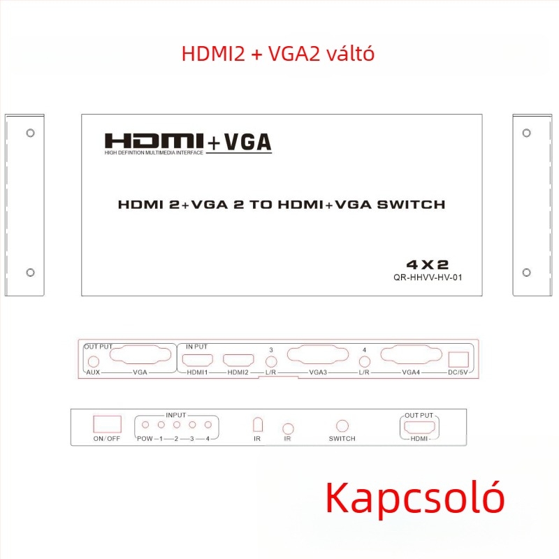 HDMI-VGA hibrid kapcsoló audióval számítógép-monitorok, TV-k és projektorok számára; VGA 25 m-ig, HDMI 15 m-ig