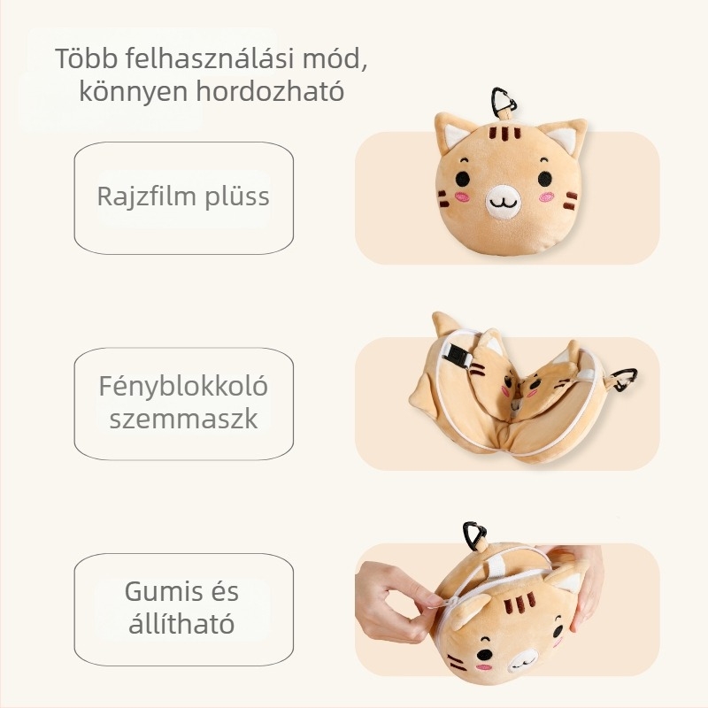 Karikatúra stílusú szemmaszk és nyakpárna, PP pamut töltés, utazáshoz való U‑alakú párna Spandex kristály bársony anyagból, összecsukható dizájn