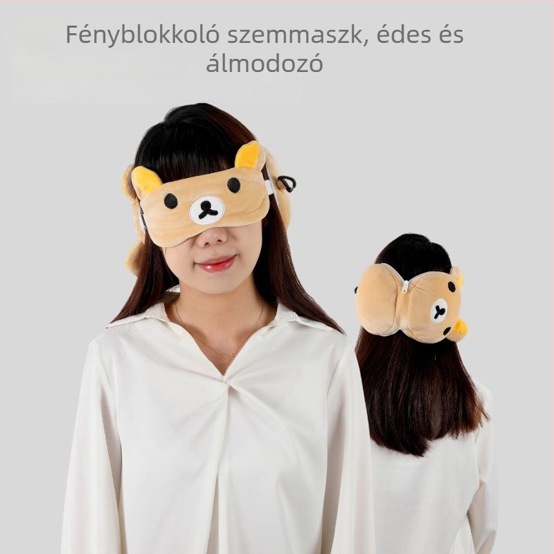 Karikatúra stílusú szemmaszk és nyakpárna, PP pamut töltés, utazáshoz való U‑alakú párna Spandex kristály bársony anyagból, összecsukható dizájn