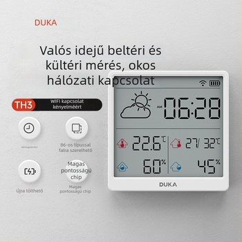 Otthoni hőmérő és páratartalom-mérő Wi‑Fi-vel, falra szerelhető, magas pontosságú digitális kijelző, intelligens ébresztőóra és időjárás-állomás