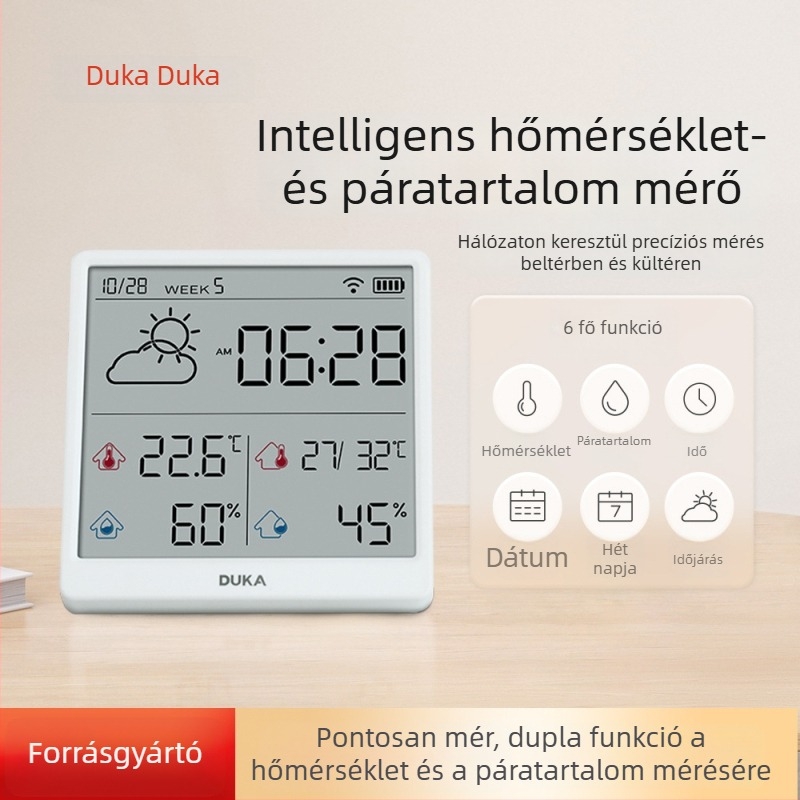 Otthoni hőmérő és páratartalom-mérő Wi‑Fi-vel, falra szerelhető, magas pontosságú digitális kijelző, intelligens ébresztőóra és időjárás-állomás