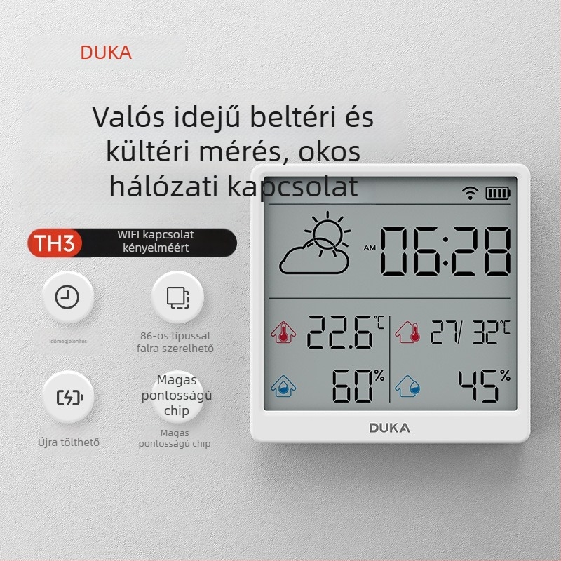 Otthoni hőmérő és páratartalom-mérő Wi‑Fi-vel, falra szerelhető, magas pontosságú digitális kijelző, intelligens ébresztőóra és időjárás-állomás
