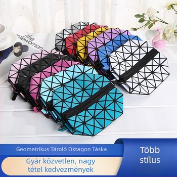 PVC anyagú kozmetikai táska geometriai mintával, belső cipzáras zsebbel, nylon bélés, hordozható clutch