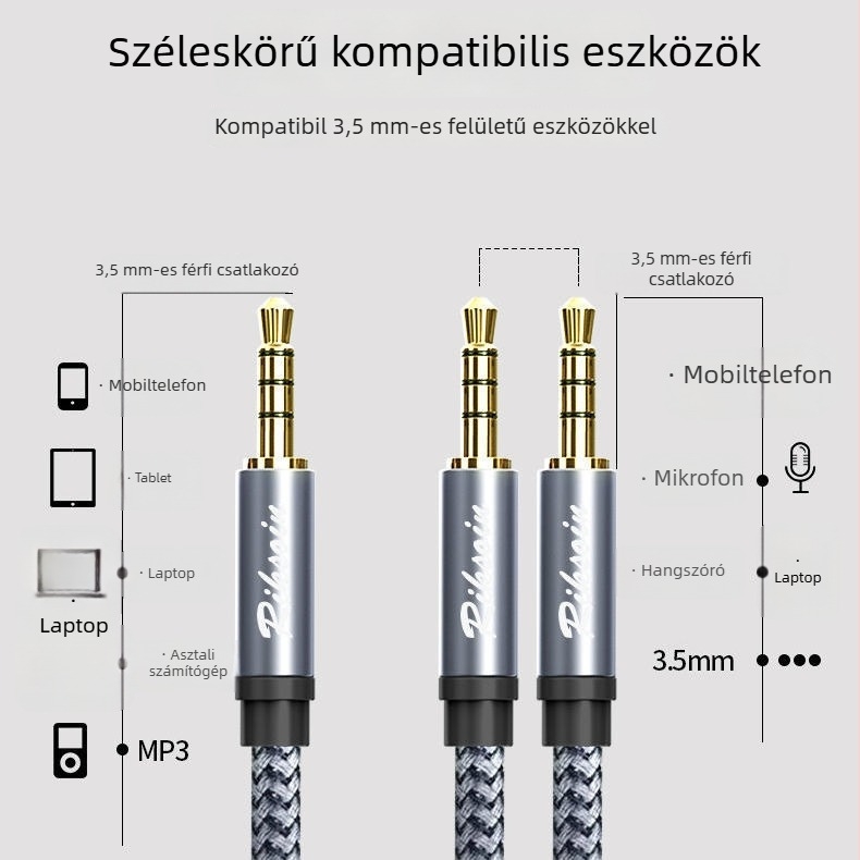 3.5 mm-es audio osztó kábel, 1–2/3 kimenet, aranyozott, oxigéntől mentes réz, általános felhasználásra, CCC