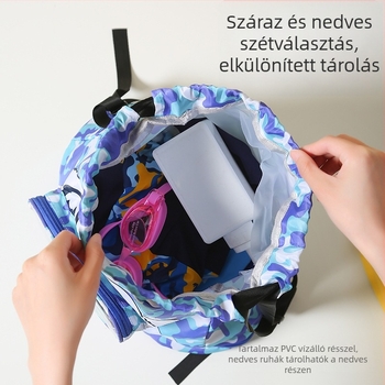 Gyerekeknek szóló úszótáska nedves–száraz elválasztással, kozmetikai tasakkal és tároló résszel, húzózsinóros hátizsákkal, cipőrekesszel, vízálló, 600D Oxford anyag