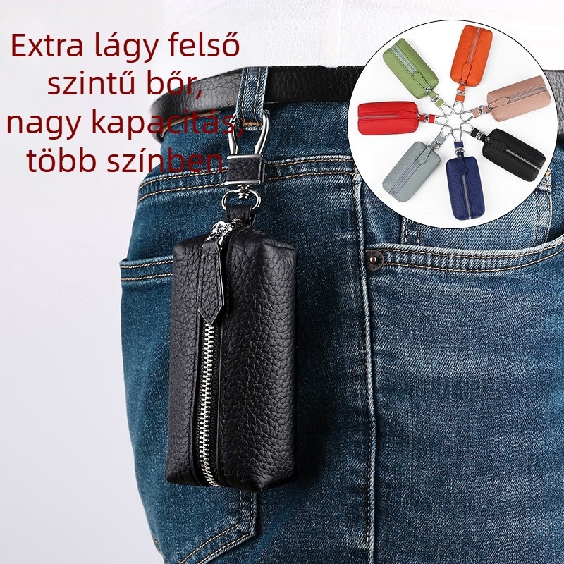 Valódi bőr autókulcs tok - felső réteg marhabőrrel, csíkos mintázat, 1 hajtásos pénztárca, YSHENGY márka