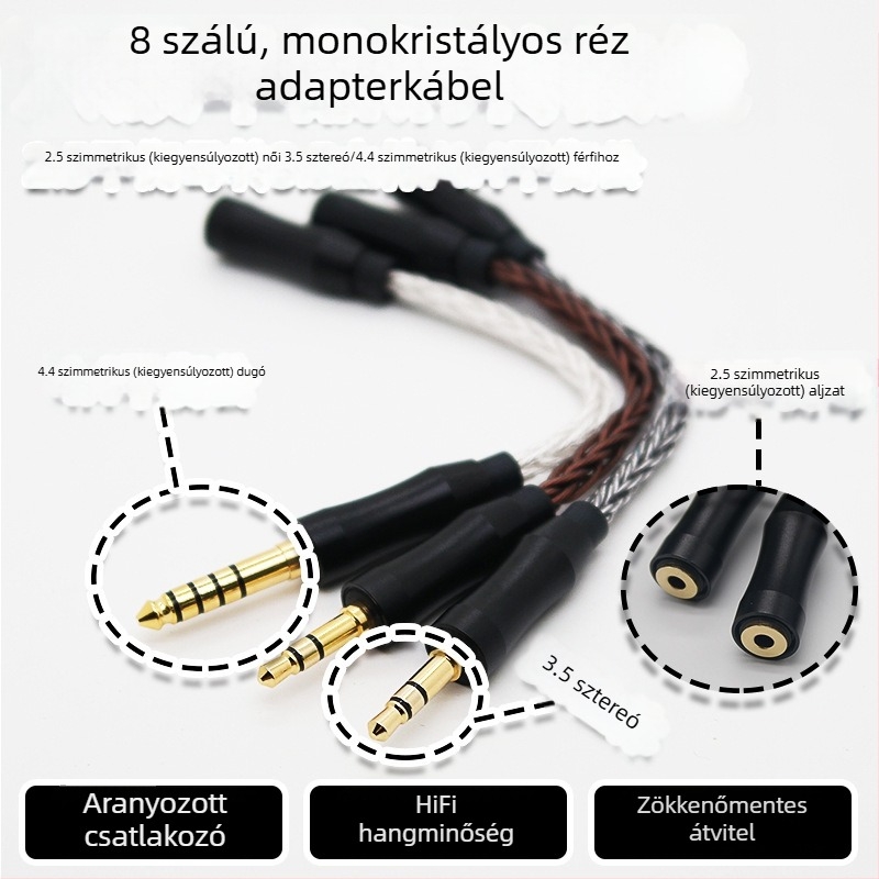 Nyolcszálas egykristályos réz adapterkábel, 2.5 mm balansolt női csatlakozó, 3.5 mm sztereó / 4.4 mm balansolt férfi csatlakozó, audiófil kábel