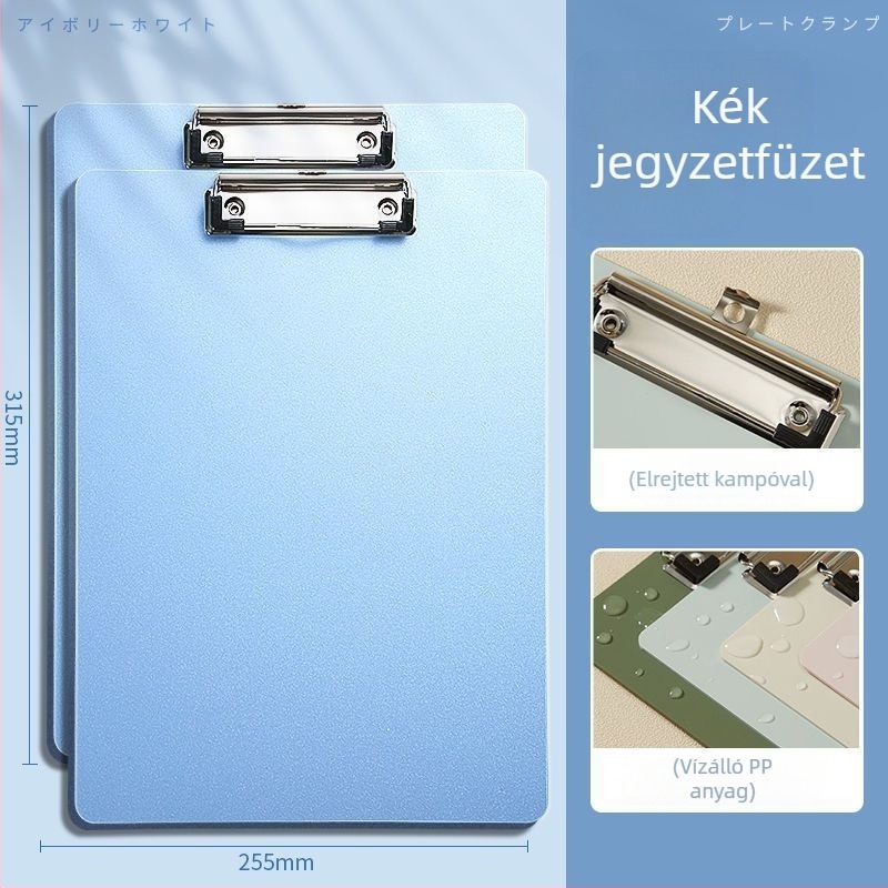 Négy megerősített lemezzel ellátott irattartó, műanyag kapoccsal és karton írófelülettel a dokumentumokhoz és számlákhoz