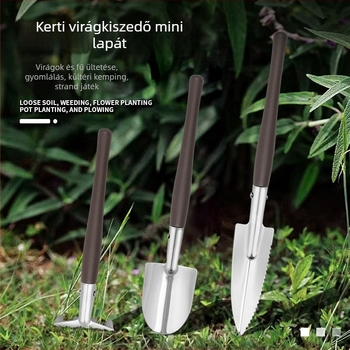 Rozsdamentes acélból készült kerti szerszámok három darabos készlet: mini ásó, mini kerti ültető kanál, mini gereblye virágokhoz