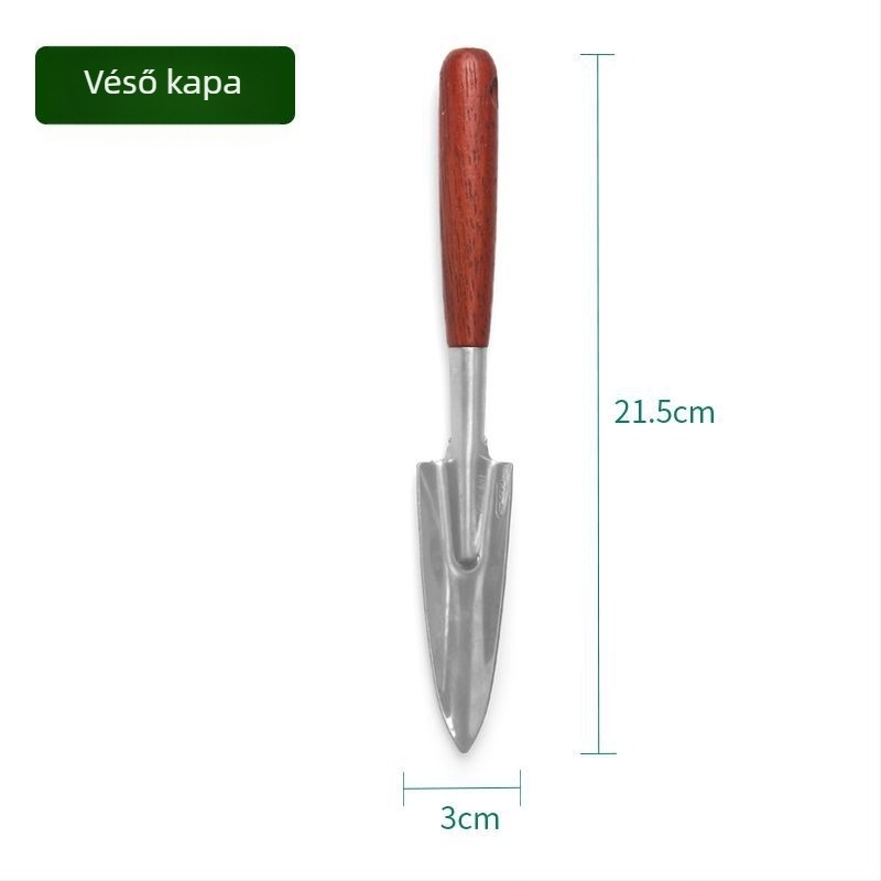 Rozsdamentes acélból készült kerti szerszámok három darabos készlet: mini ásó, mini kerti ültető kanál, mini gereblye virágokhoz